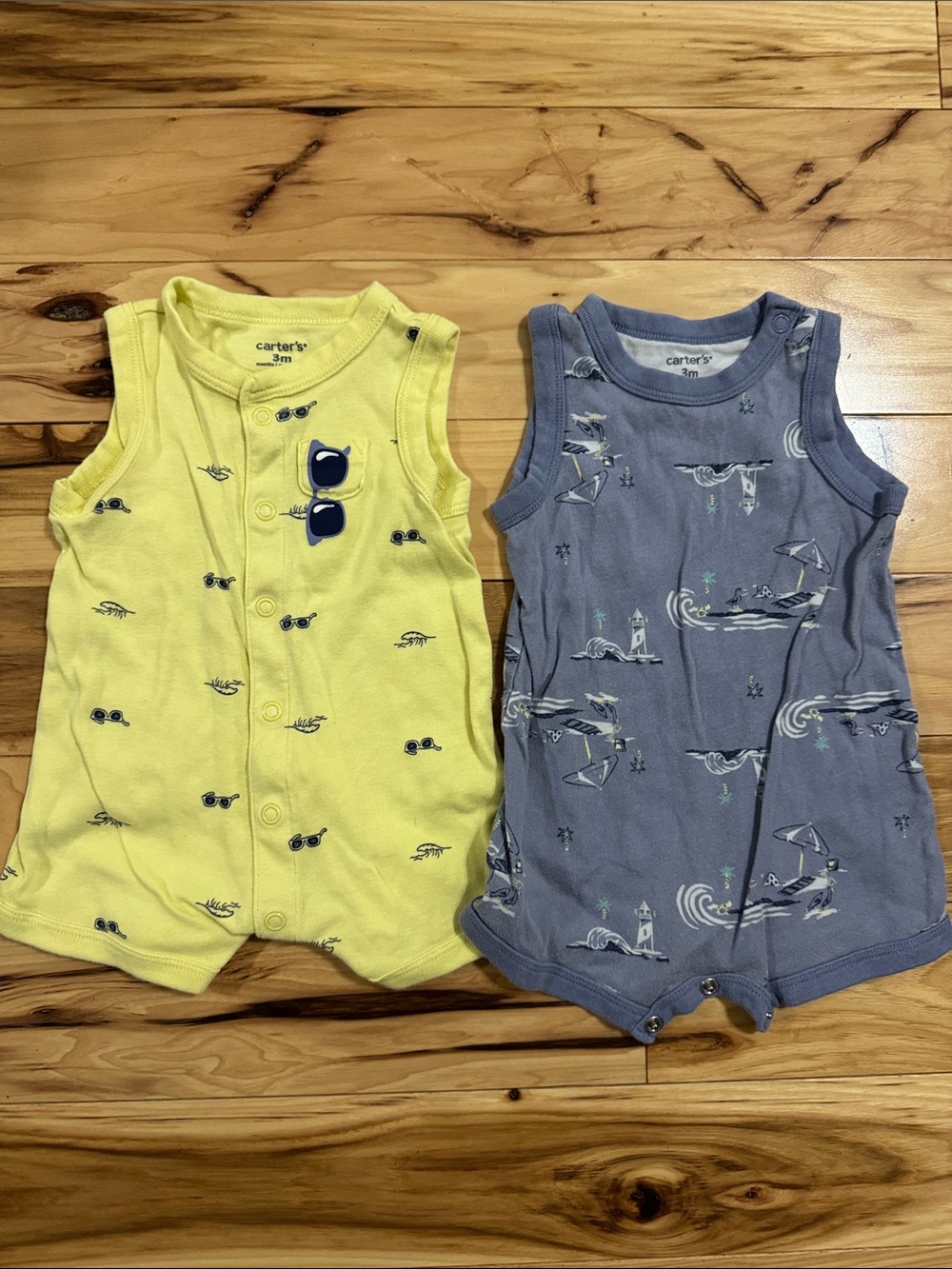 Carter's Yellow and Blue Sleeveless Baby Rompers with Sunglass & Beach Prints